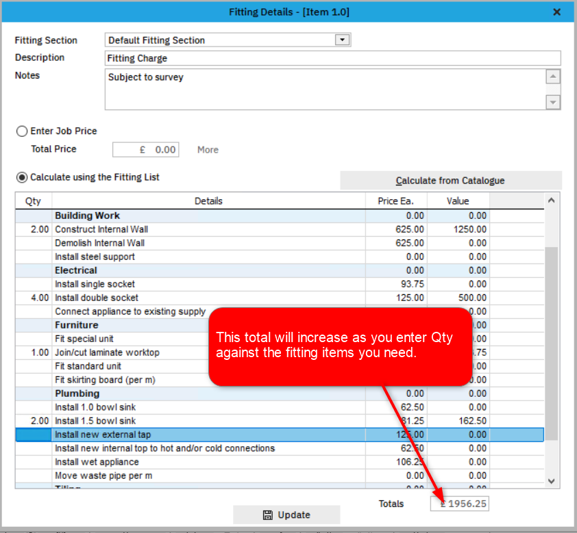Add a fitting charge to a quote/order EQ