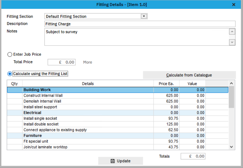 Add a fitting charge to a quote/order EQ