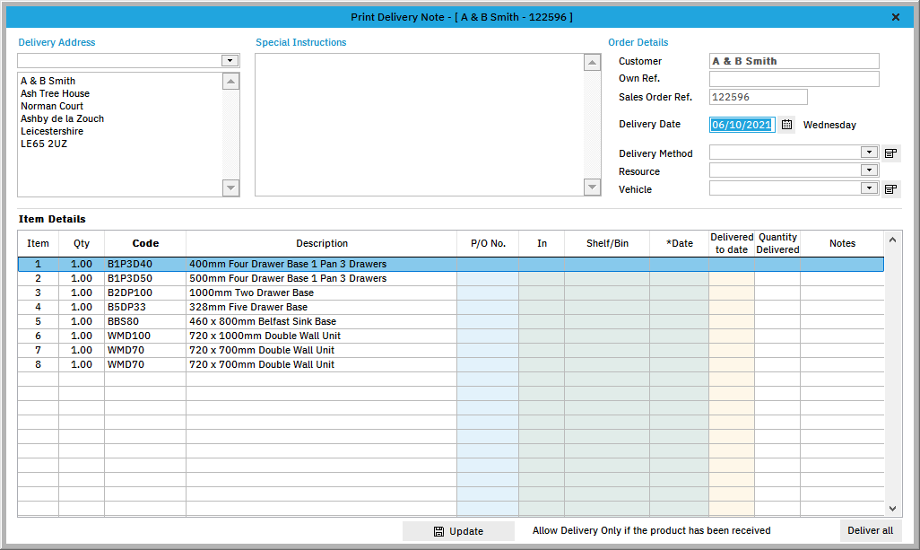Creating a Delivery Note EQ