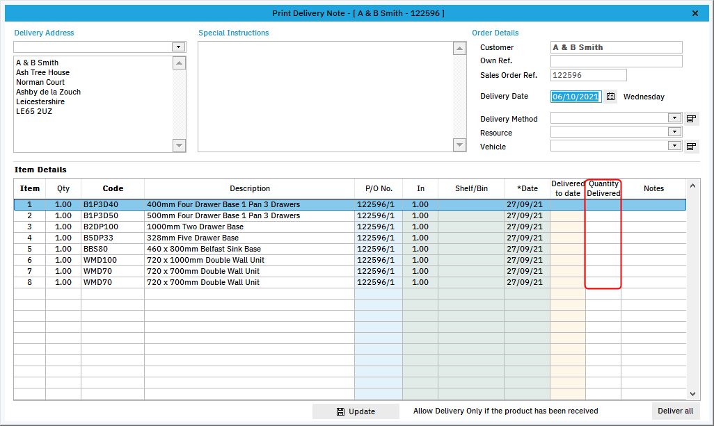 Creating a Delivery Note EQ