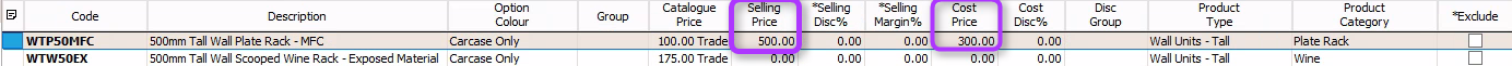 Selling and Cost Price Entry